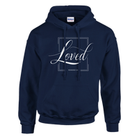 Navy blue hoodie with 'Loved' text on a white background