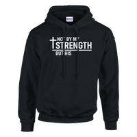 Black hoodie with white text and a cross on a white background