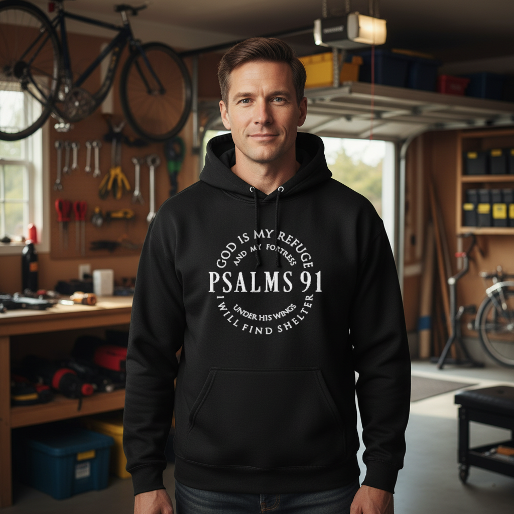 Man wearing a black hoodie with religious text in a garage setting