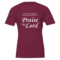 Maroon t-shirt with white text 'Praise The Lord' on a white background