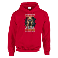 Red hoodie with a graphic design and text on a white background