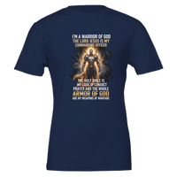 Navy blue t-shirt with warrior graphic and text on a white background