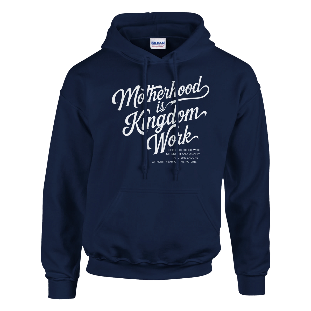 Navy blue hoodie with white text on a white background