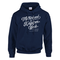 Navy blue hoodie with white text on a white background