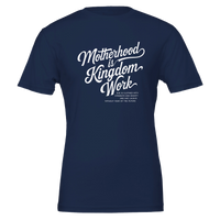 Navy blue t-shirt with white text 'Motherhood is Kingdom Work' on a white background