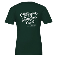 Dark green t-shirt with white text on a white background