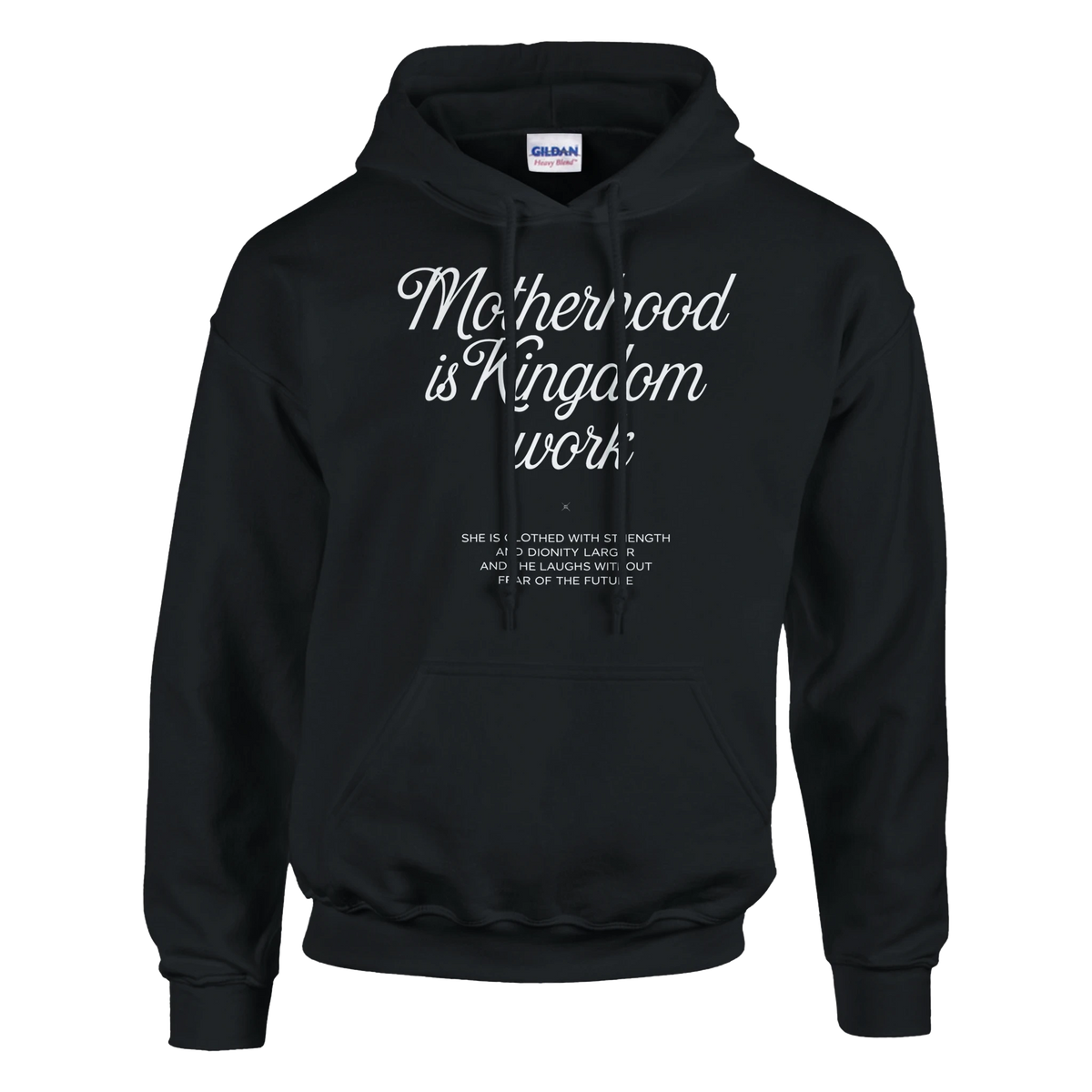 Black hoodie with white text on a white background