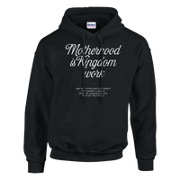 Black hoodie with white text on a white background