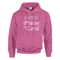 Pink hoodie with text 'Praise the Lord' on a white background