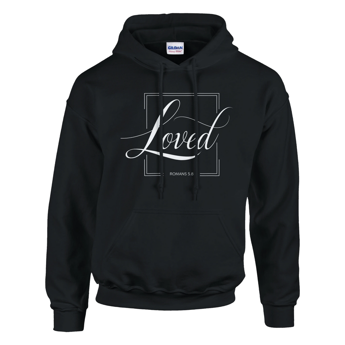 Black hoodie with 'Loved' text on a white background