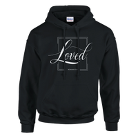 Black hoodie with 'Loved' text on a white background