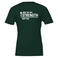 Green t-shirt with white text 'Not by my strength but His' on a white background