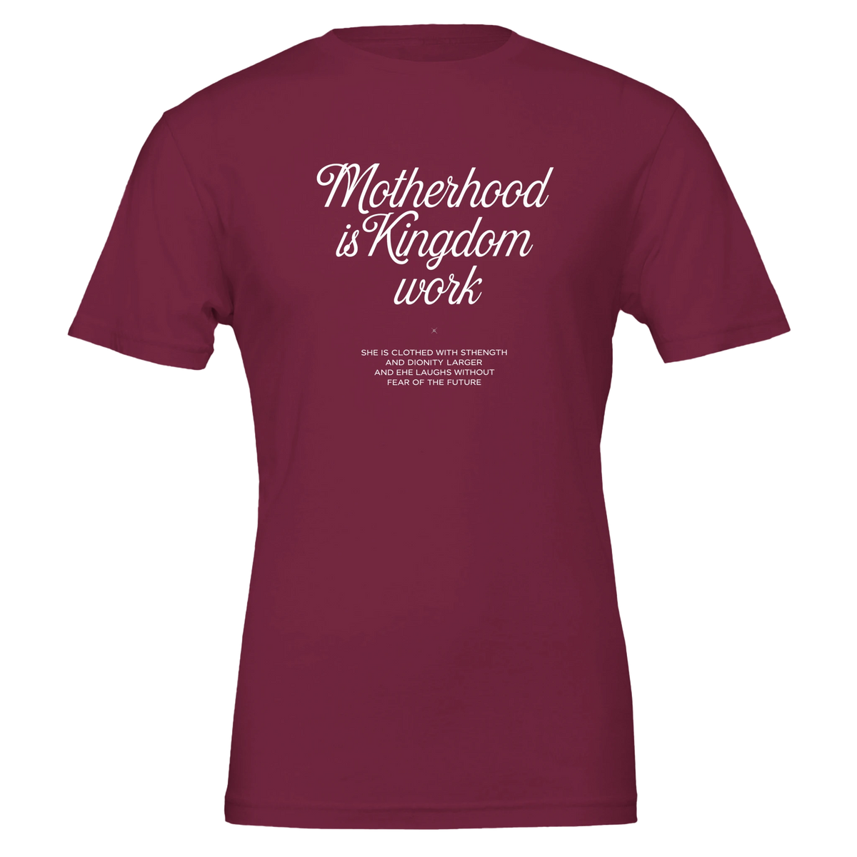 Maroon t-shirt with white text on a white background