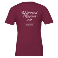 Maroon t-shirt with white text on a white background