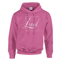 Pink hoodie with 'Loved' text on a white background