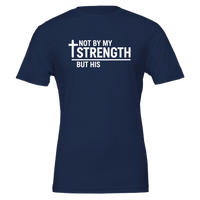 Navy blue t-shirt with white text 'Not by my strength but His' on a white background