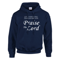 Navy blue hoodie with 'Praise the Lord' text on a white background
