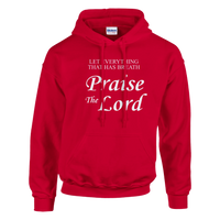 Red hoodie with 'Praise the Lord' text on a white background