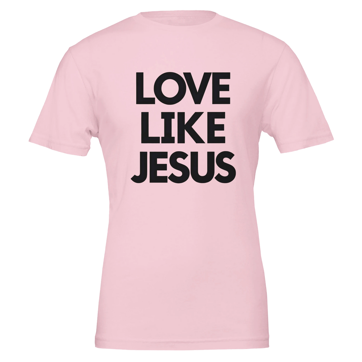 Pink t-shirt with 'LOVE LIKE JESUS' text on a white background