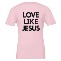 Pink t-shirt with 'LOVE LIKE JESUS' text on a white background