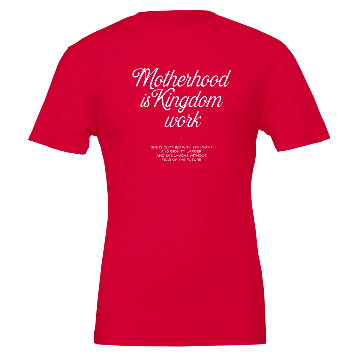 Red t-shirt with white text on a white background