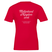 Red t-shirt with white text on a white background