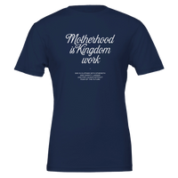 Navy blue t-shirt with white text on a white background