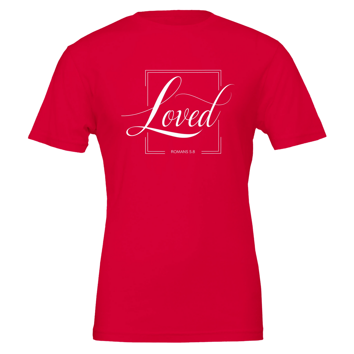 Red t-shirt with 'Loved' text on a white background