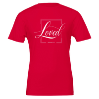 Red t-shirt with 'Loved' text on a white background