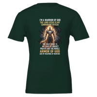 Dark green t-shirt with superhero graphic and motivational text on a white background