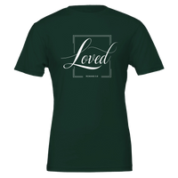 Dark green t-shirt with 'Loved' text design on a white background