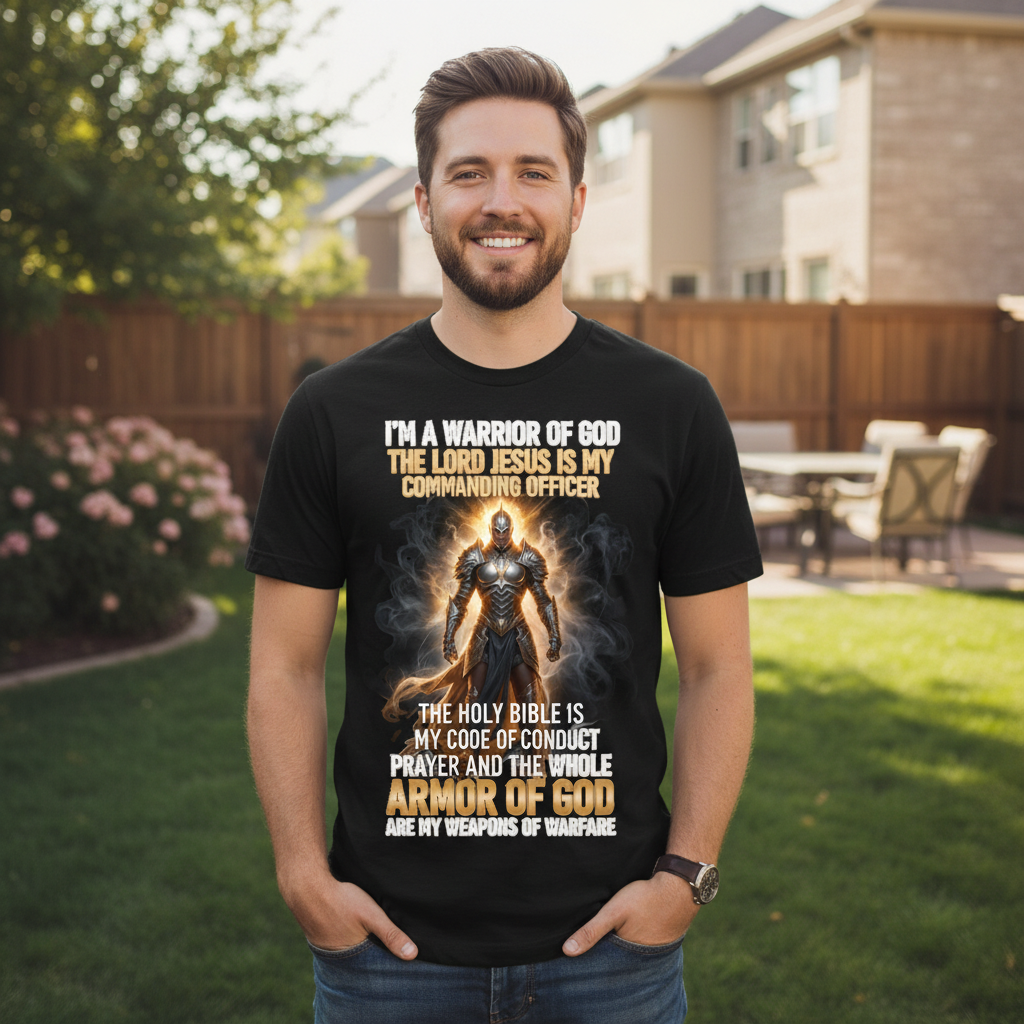 Man wearing a black t-shirt with religious text and graphic in a backyard setting