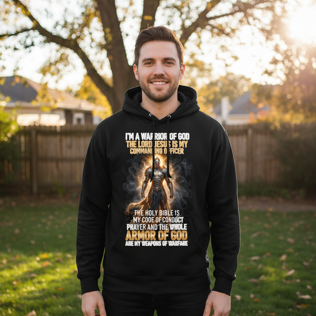Man wearing a black hoodie with religious text and graphics outdoors