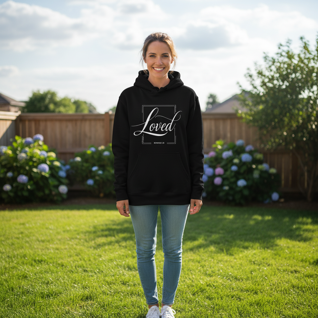 Woman wearing a black hoodie with 'Loved' text in a garden
