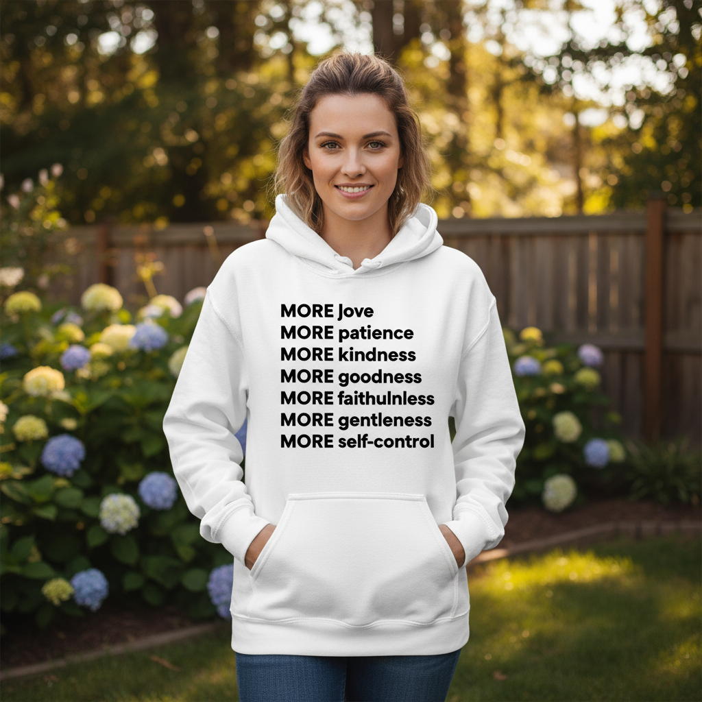 Woman wearing a white hoodie with motivational text in a garden setting