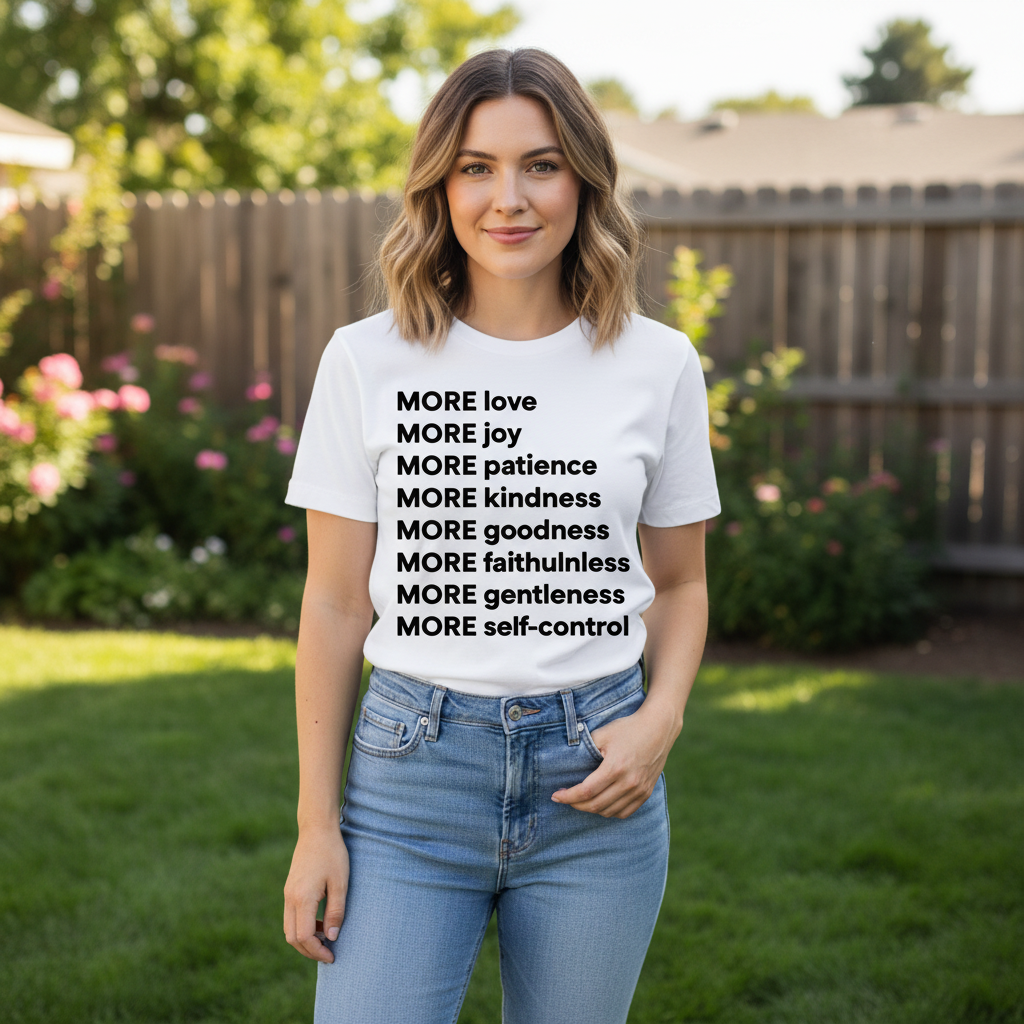 Woman wearing a white t-shirt with motivational phrases in a garden setting