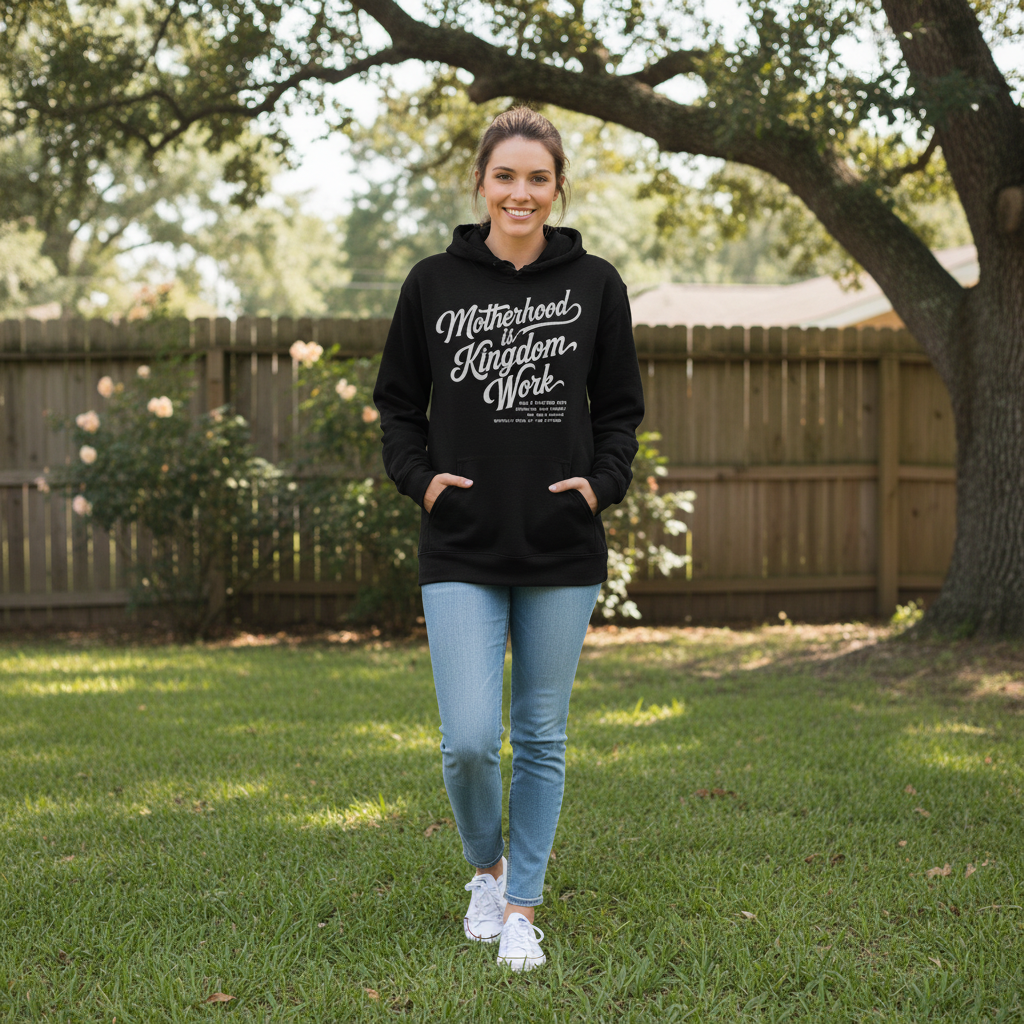 Woman wearing a black hoodie with text, standing outdoors in a backyard.